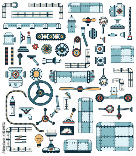 Machinery elements. Spare parts for creation of technically complex devices, apparatuses. Colored Vector illustration.