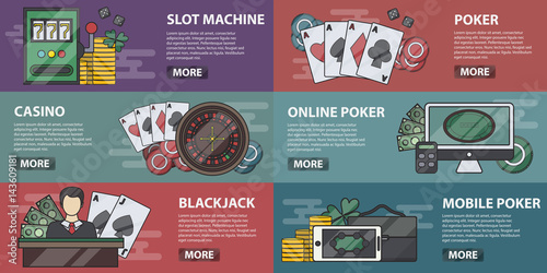 Vector collection of casino banners for decoration and websites. Concept of poker online, slot machines and gambling. Set of casino equipment and elements in line design.