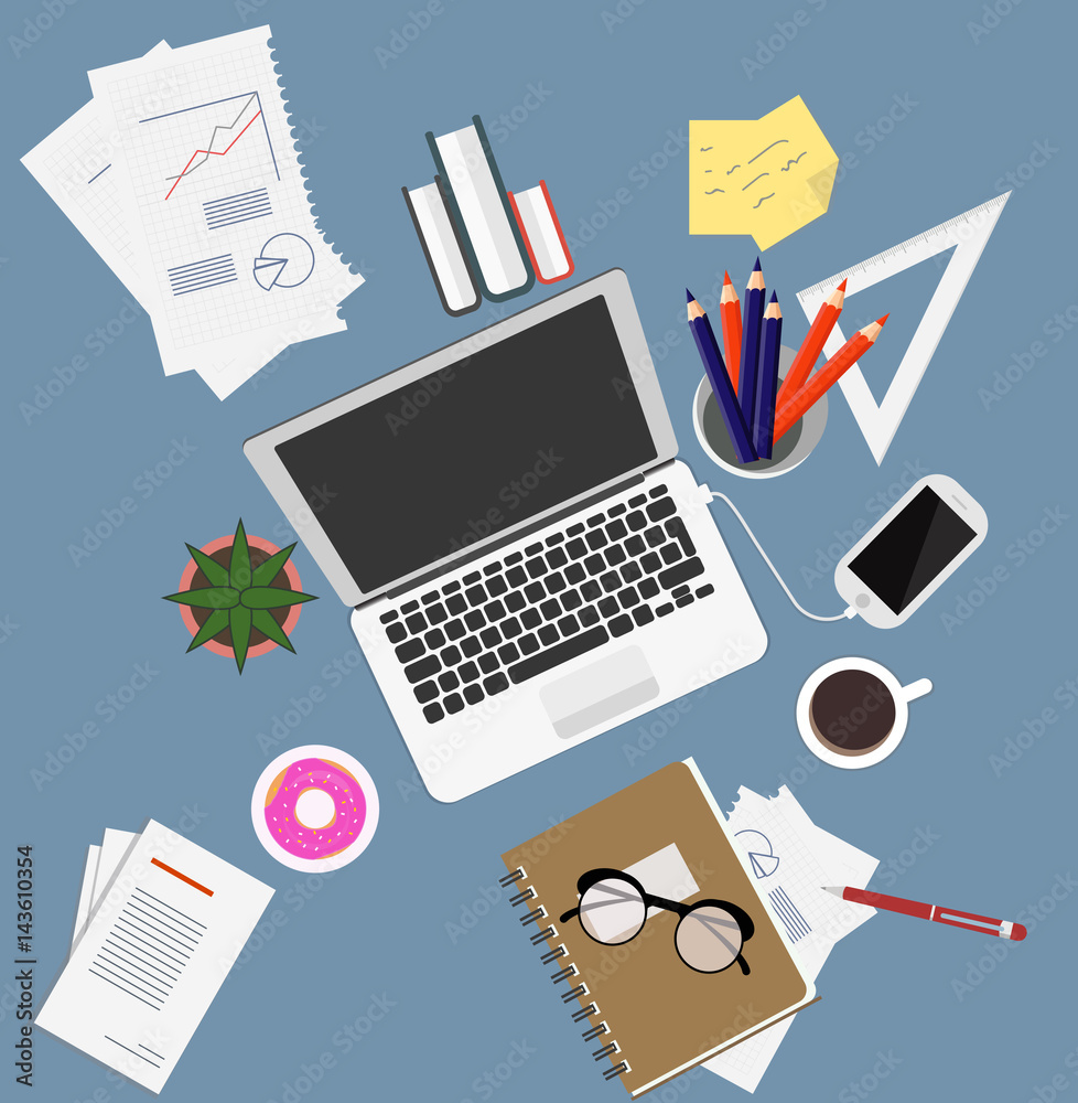 Workplace Documents Papers Folder Office Stuff Books NOtes Cup Notes Glasses. Top Angle View Flat Vector Illustration
