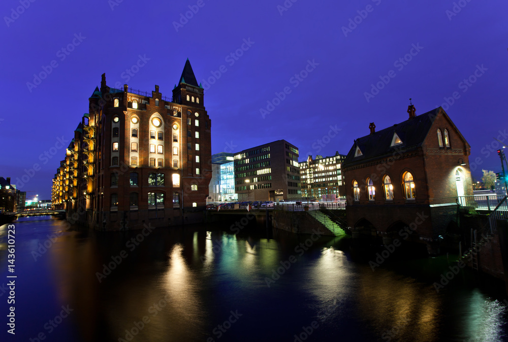 Harbour of Hamburg at night. Germany