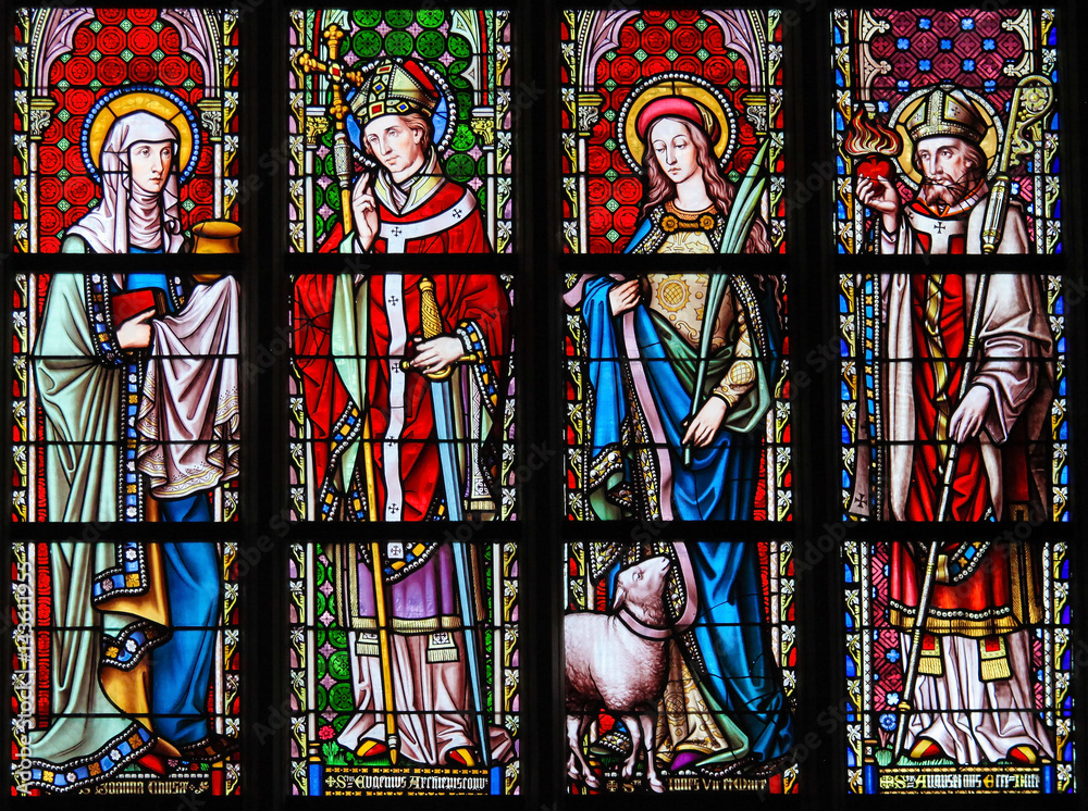 Stained Glass in Sablon Church - Saints Joanna, Eugene, Agnes and Augustine