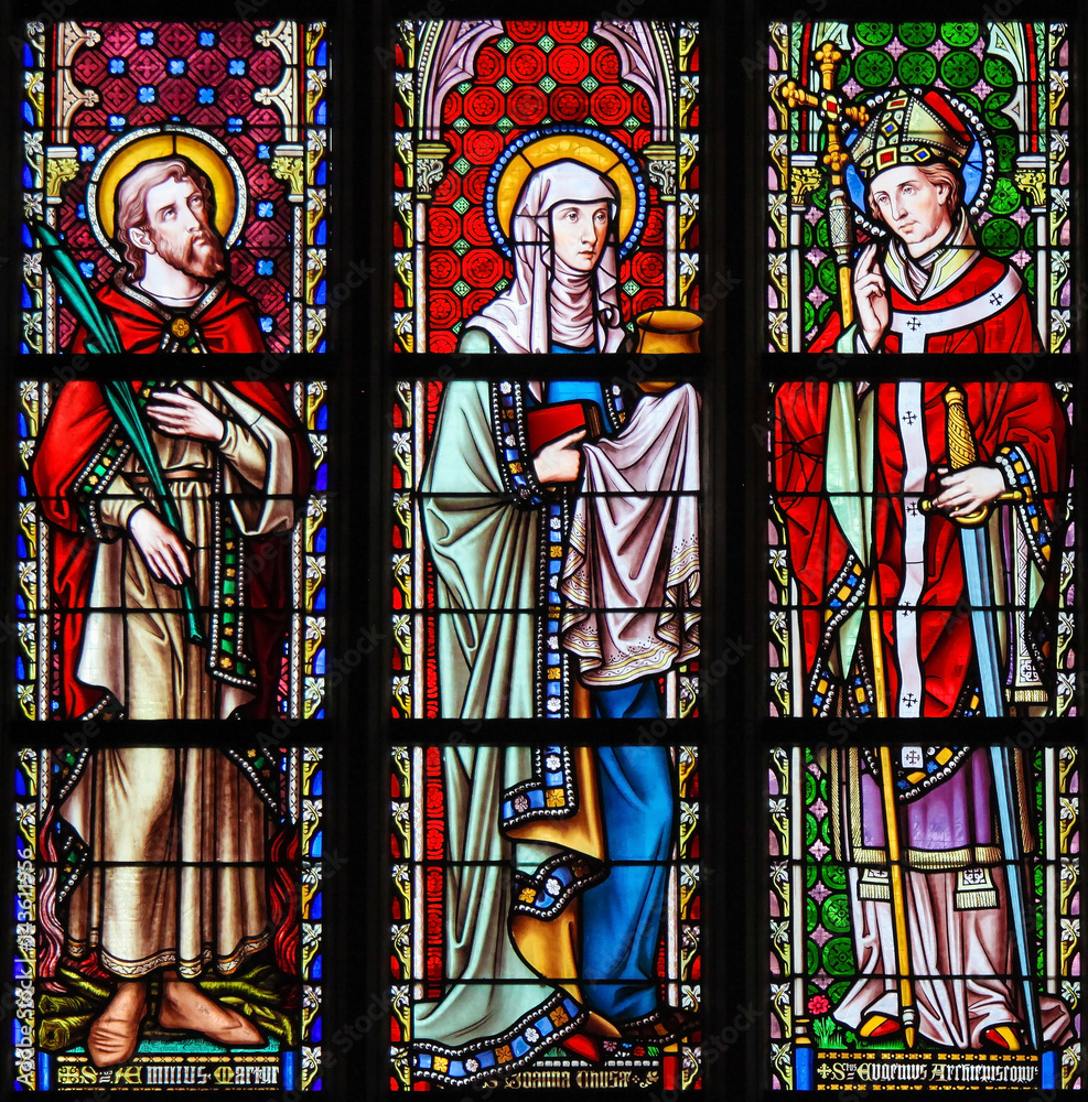 Stained Glass in Brussels Sablon Church - Saints Emilius, Joanna and Eugenius