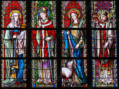 Stained Glass in Sablon Church - Saints Joanna  Eugene  Agnes and Augustine