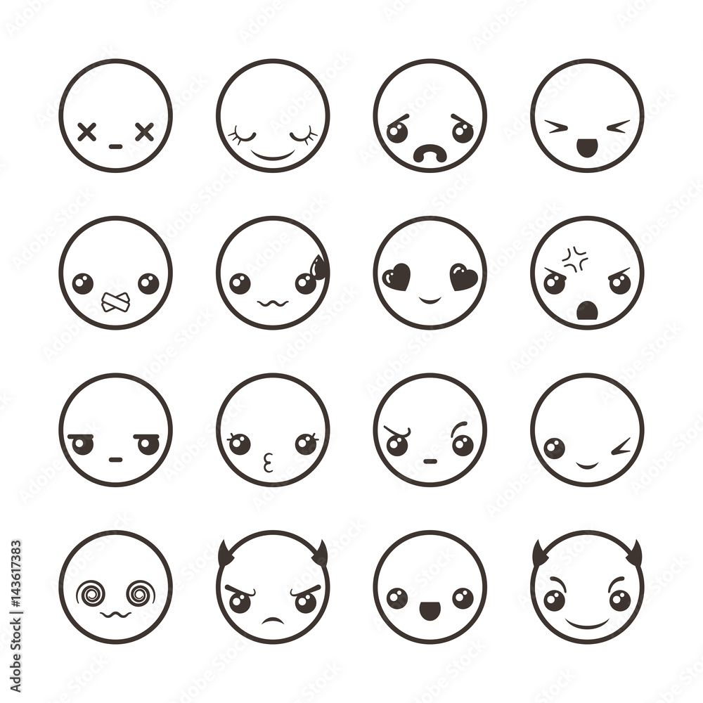 Set of cute lovely kawaii emoticon. Set of cute lovely kawaii emoticon.