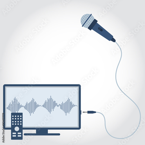 TV with microphone unplugged. Sound wave symbol showing on monitor. Empty space for insert text. Flat design.