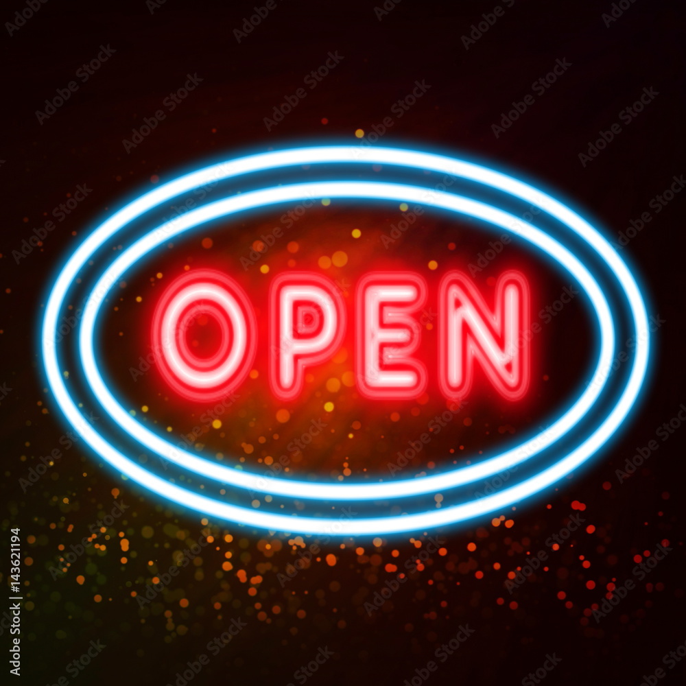 open neon sign for welcome to customers concept