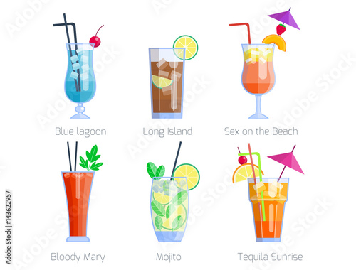 Set of alcoholic cocktails isolated fruit cold drinks tropical cosmopolitan freshness collection and party alcohol sweet tequila vector illustration.