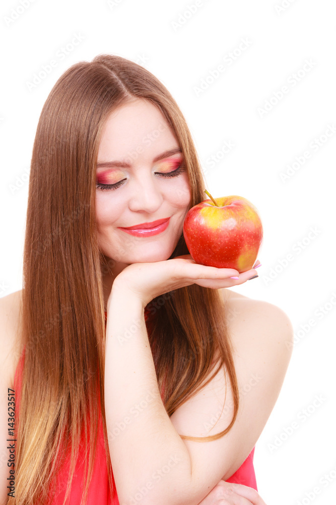 Woman charming girl colorful makeup holds apple fruit Woman charming girl colorful makeup holds apple fruit