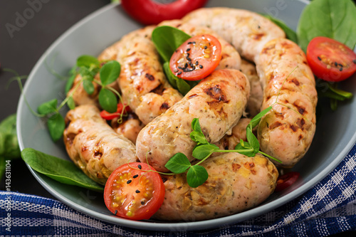 Dietary sausages from turkey fillet and mushrooms. © timolina