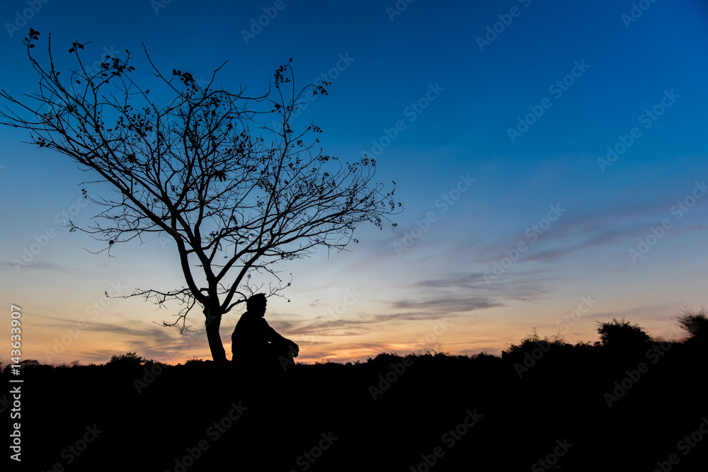 silhouettes Man sitting under the tree 