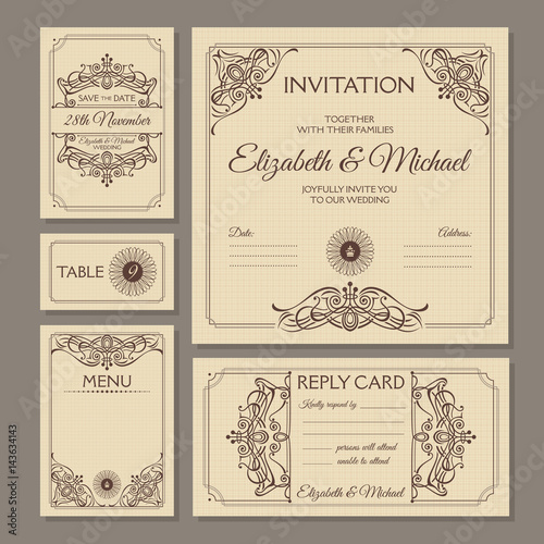 Calligraphic vintage floral wedding cards collection