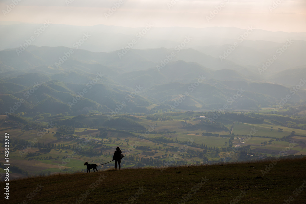 A silhouette of a woman and a dog on top of a mountain, with a a beautiful valley with distant mountains in front of them