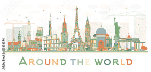 Abstract Travel Concept Around the World with Famous International Landmarks.