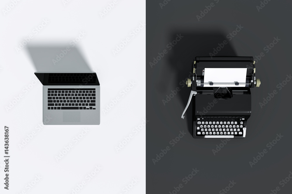 3D Rendering illustration of top view compare with typewriter old