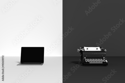 3D Rendering : illustration of portrait compare with typewriter old fashion technology and modern technology set up with laptop computer. old and new technology conceptual. vintage or future equipment