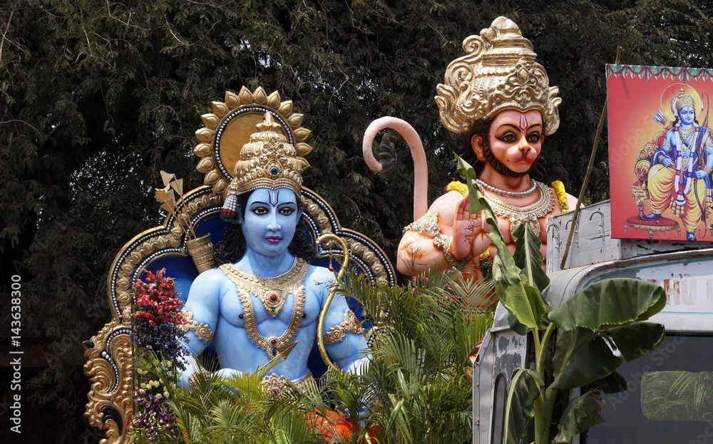 Hindu God Sri Rama and Hanuman Idols in Sri Ram jayanti procession a tradition in India - obrazy, fototapety, plakaty 