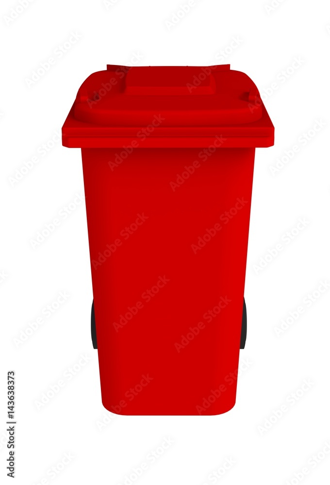 Front view of red garbage wheelie bin with a closed lid on a white background, 3D rendering Front view of red garbage wheelie bin with a closed lid on a white background, 3D rendering