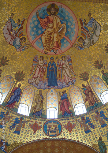 Jesus Christ with Archangels and apostles. Fragment of painting of the main dome of the Cathedral of St. Nicholas in Kronstadt