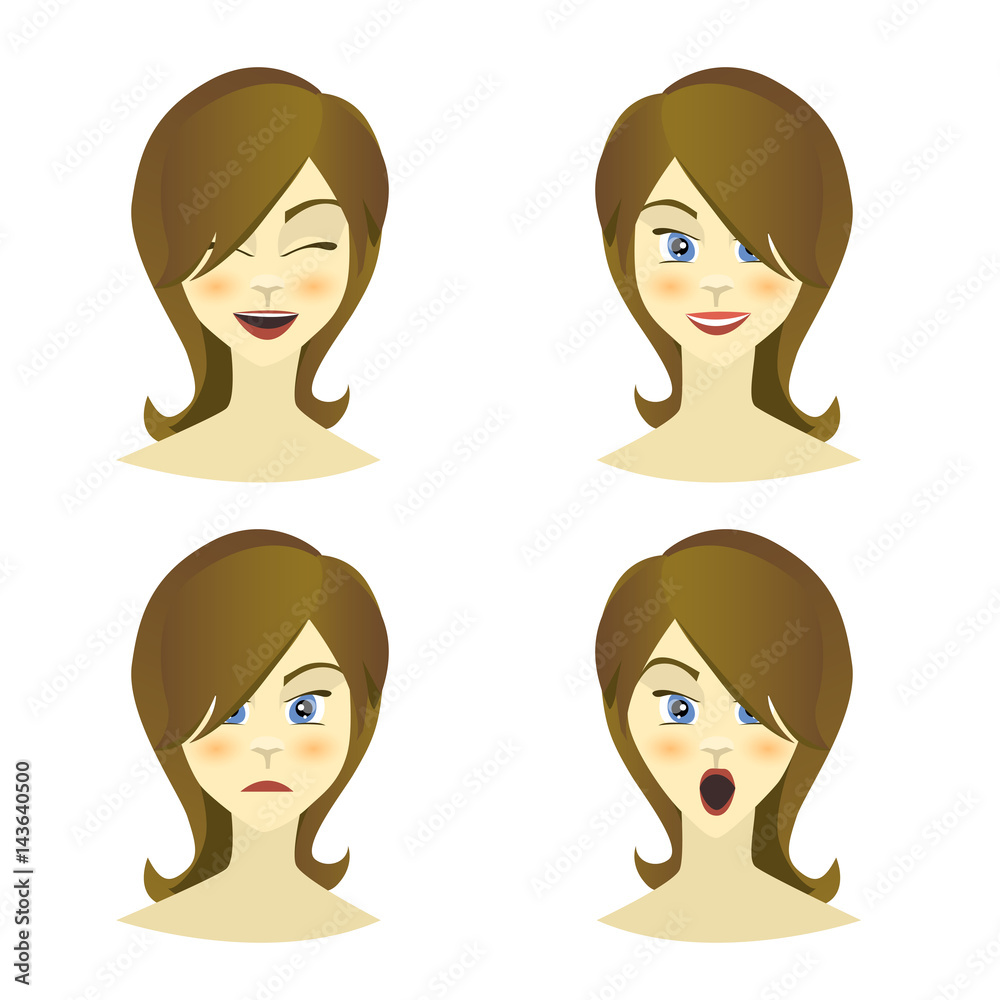 Girl , woman emotions character, joy, happiness, surprise, anger, equanimity, cartoon character, flat style. Vector illustration Girl , woman emotions character, joy, happiness, surprise, anger, equanimity, cartoon character, flat style. Vector illustration
