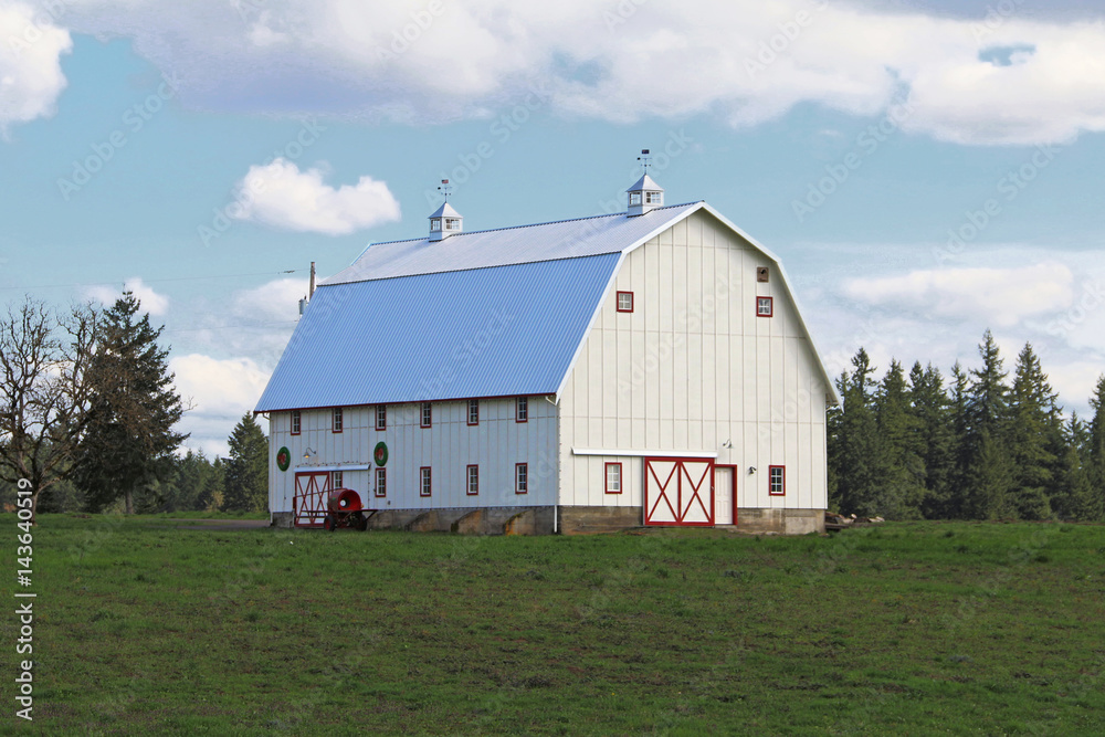 Large White Barn with Red Trim, Vivid Green Grass/Blue Sky, Bright White Clouds, Daytime - Center frame, three-quarter viewpoint (HDR Image)