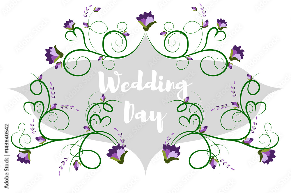 Save the date illustration, wedding day. Flat, doodle, flower arrangement of stylized flowers. Purple flowers on a gentle lilac background. Vector illustration Save the date illustration, wedding day. Flat, doodle, flower arrangement of stylized flowers. Purple flowers on a gentle lilac background. Vector illustration