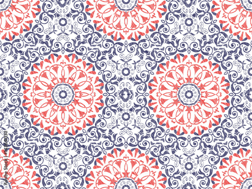 Fototapeta premium Seamless pattern. Vector Mandala. Round ornament in ethnic style. Hand draw, embroidery. Template for textile, fabric, wallpaper