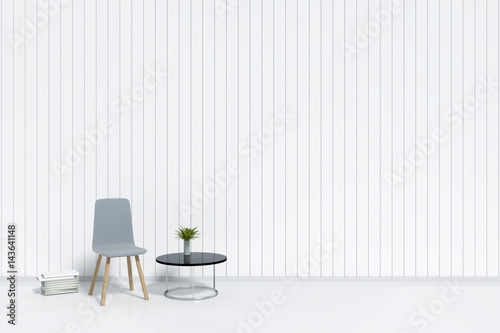 White room modern interior  grey fabric single chair with glass table and little tree decorate  mock up interior brighten room design  minimalism style decoration  3d rendering.