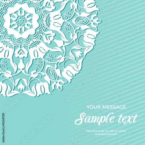 Vector card template, mandala. Round ornament in ethnic style. Hand draw invitation. Retro style paper cut.