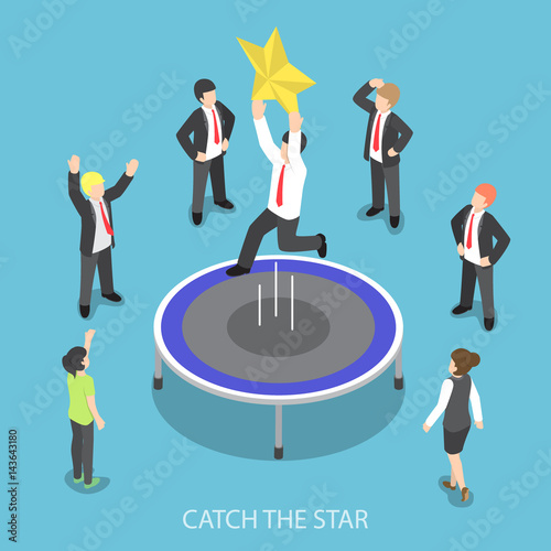 Isometric businessman jumping on the trampoline and catch the star