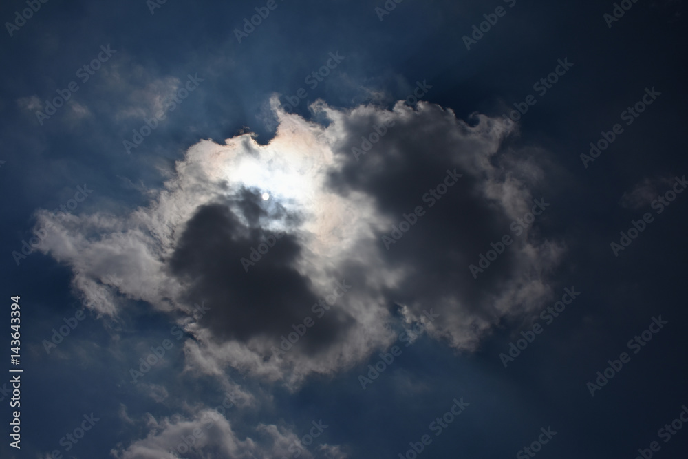 雲を透ける太陽と青空「空想・２対の黒雲のモンスター（太陽が左のモンスターの目、右の黒雲の上部に顔