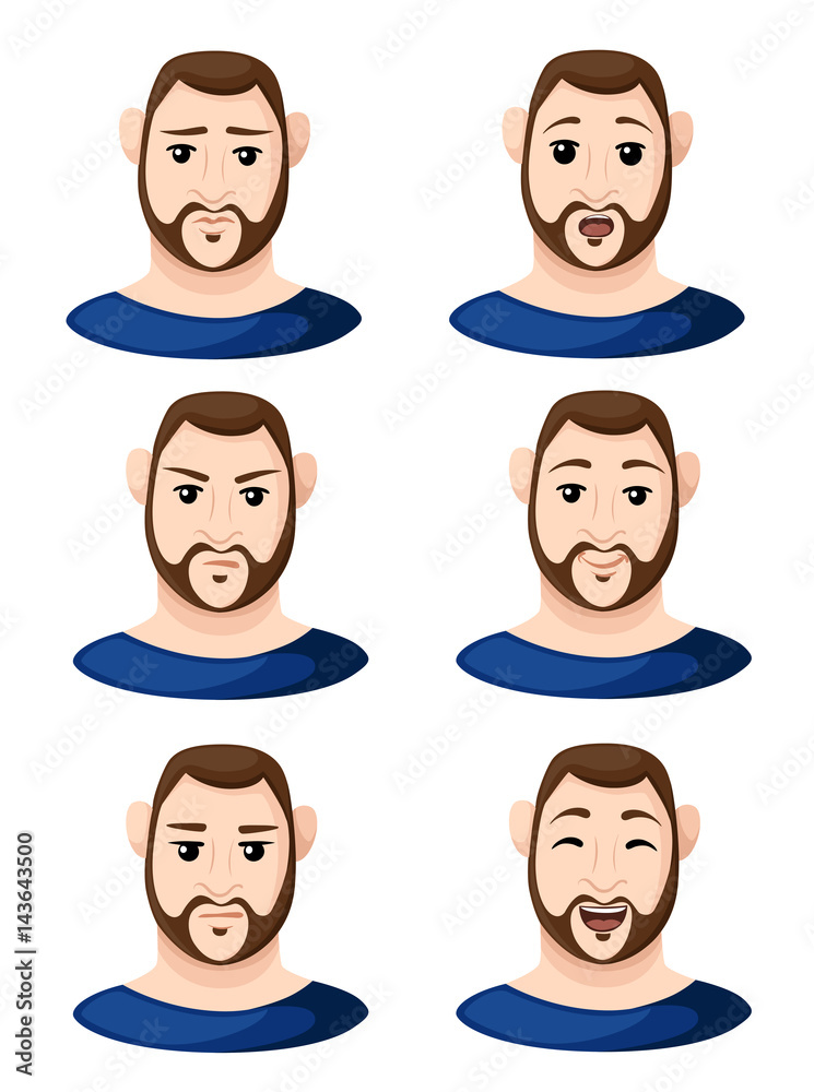Cartoon man faces showing different emotions man emotion emoji icon set for interiors Flat design style vector illustration Cartoon man faces showing different emotions man emotion emoji icon set for interiors Flat design style vector illustration