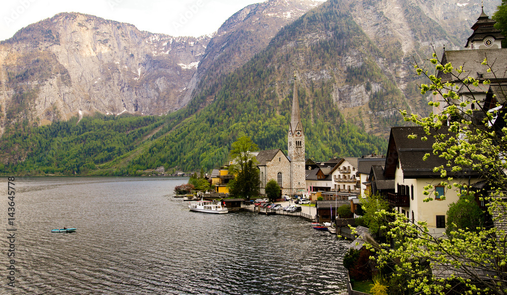 Scenic view of famous Hallstatt mountain village in the Austrian Alps