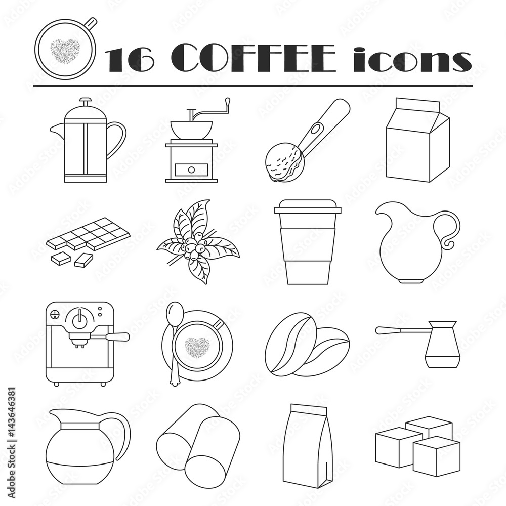 Fototapeta Collection of thin line coffee icons