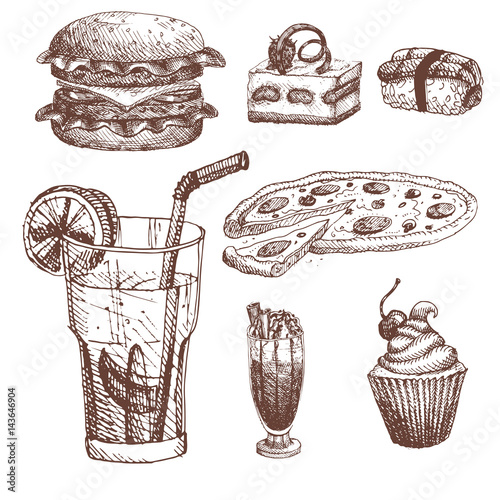 Hand drawn food sketch for menu restaurant product and doodle meal cuisine vector illustration.