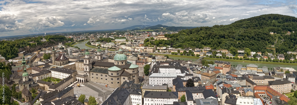 Salzburg from above, panoramic aerial View of the old town with the cathedral in the background