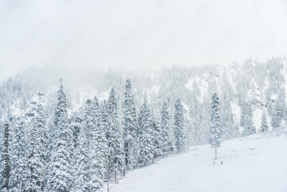scenic view of small people walking in snow mountain.