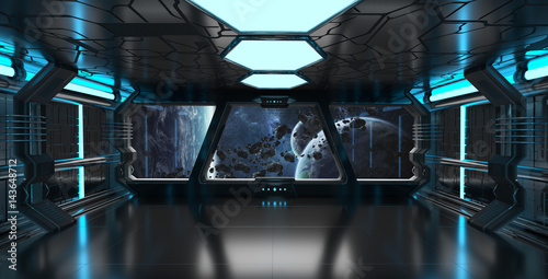 Spaceship interior with view on distant planets system 3D rendering elements of this image furnished by NASA