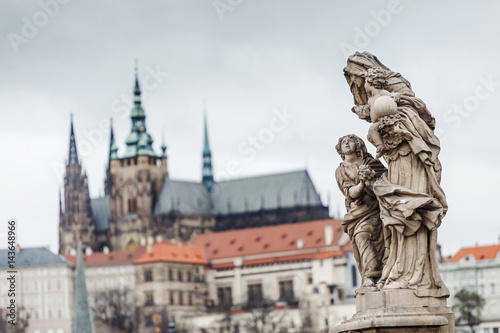 View from Charles bridge on Statue of St. Anna and lesser town with St. Vitus Cathedral