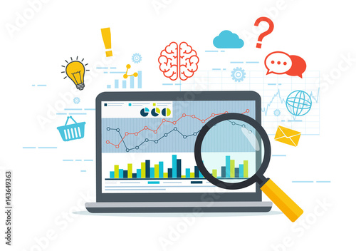 Web analytics and Information. Business strategy. SEO optimization. Digital marketing concept. Thinking from a laptop.