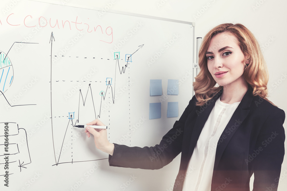 Serious red haired businesswoman and whiteboard Serious red haired businesswoman and whiteboard
