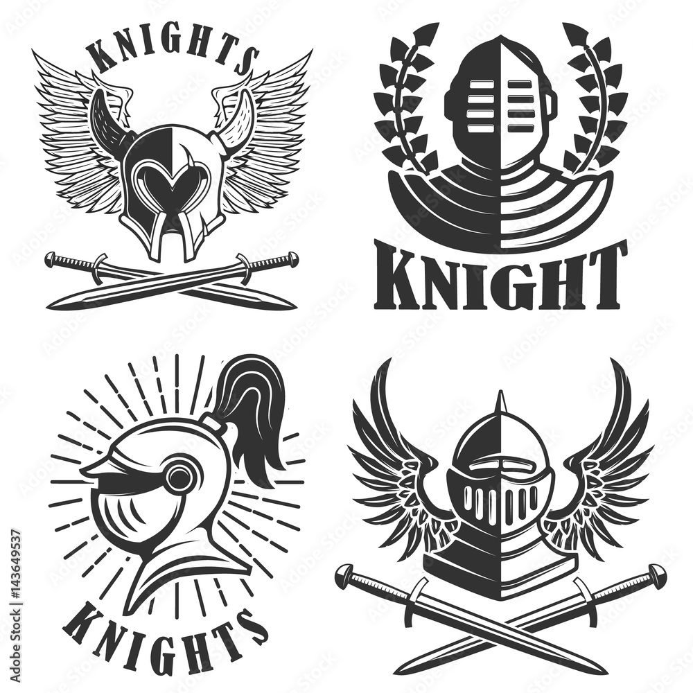 Set of the emblems with knights helmets and swords. Design elements for ...