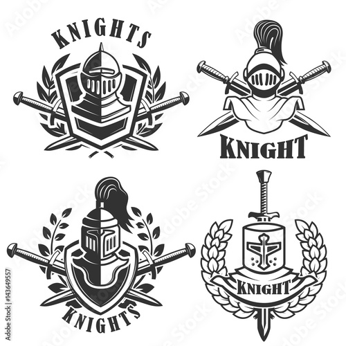 Set of the emblems with knights helmets and swords. Design elements for logo, label, badge, sign. Vector illustration