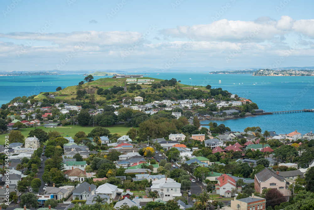 The North Head volcano and Devonport village view from the top of Mount Victoria, North Island, New Zealand.