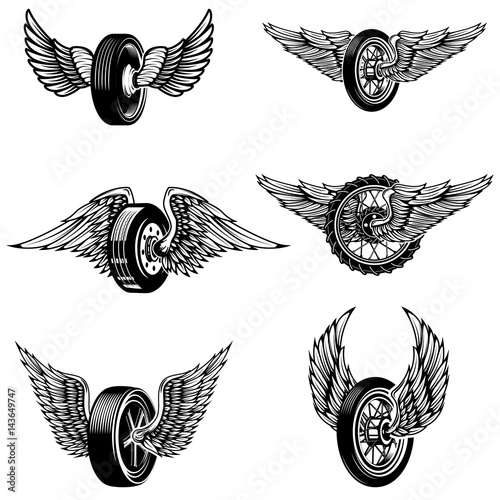 Set of winged car tires on white background. Design elements for logo, label, emblem, sign.Vector illustration