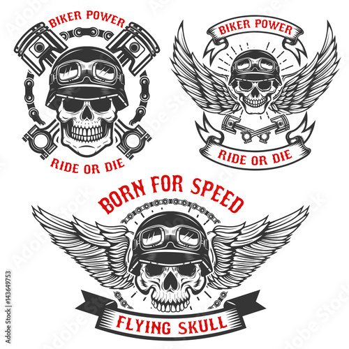 Born for speed. Set of biker skulls in helmets, with wings and pistons. Design elements for logo, label, emblem, sign. Vector illustration