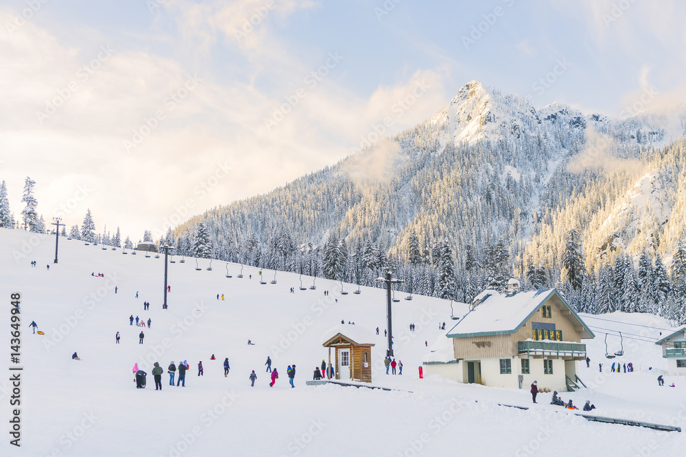 ski resort with snow mountain background in winter season.