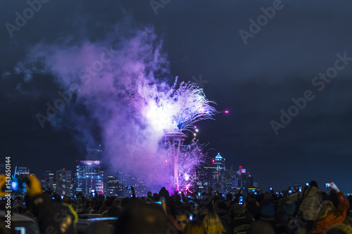 Seattle,Washington,usa,2017/01/01: New year fireworks over Seattle cityscape,celebrate,2017.
