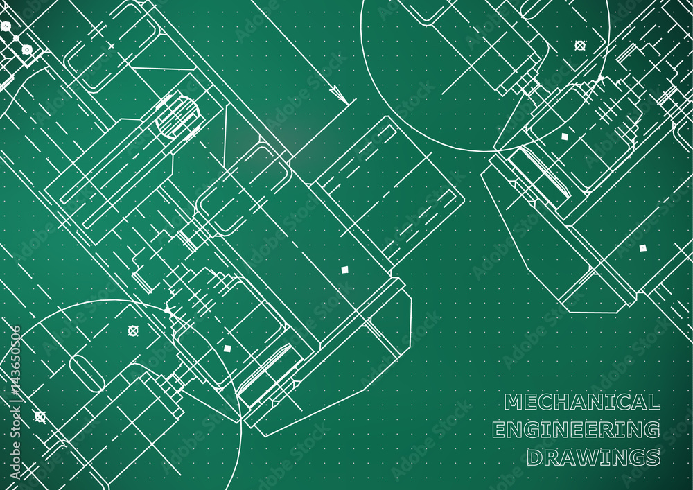 Mechanical Engineering drawing. Blueprints. Mechanics. Cover, background for your design. Light green. Points Mechanical Engineering drawing. Blueprints. Mechanics. Cover, background for your design. Light green. Points