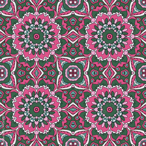 Mandala. Oriental ornament relaxing. Doodle Seamless pattern. Pink and blue