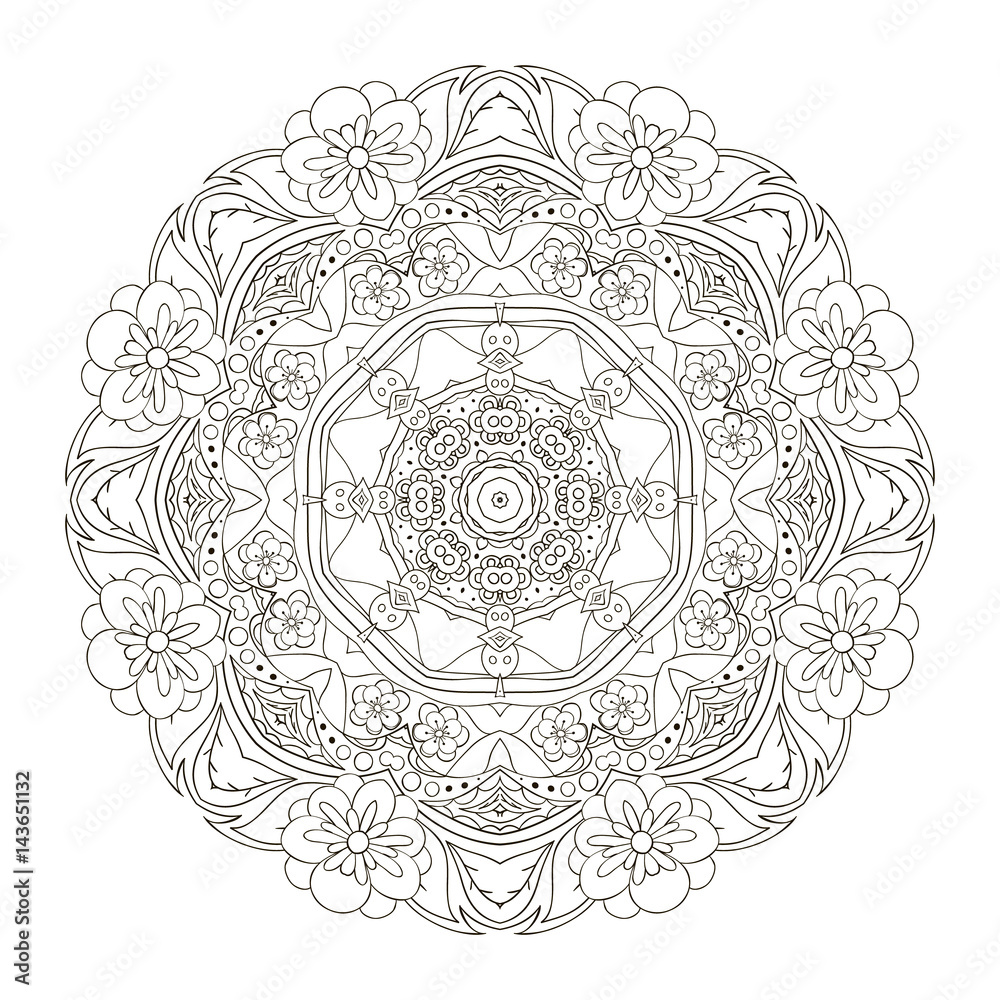 Mandala. Oriental pattern. Traditional coloring round ornament. Turkey, Egypt, Islam. Relaxing picture. Doodle drawing